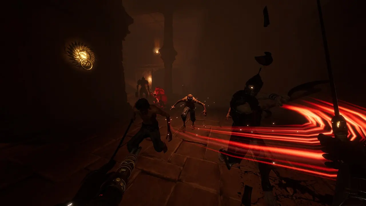 EVERSLAUGHT: a glowing red strike cuts through enemies in a dark hall