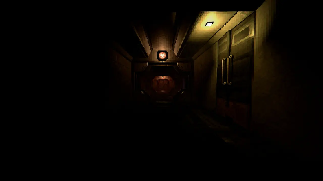 SAIGAI: a single lamp lights a bulkhead door at the end of a dark corridor
